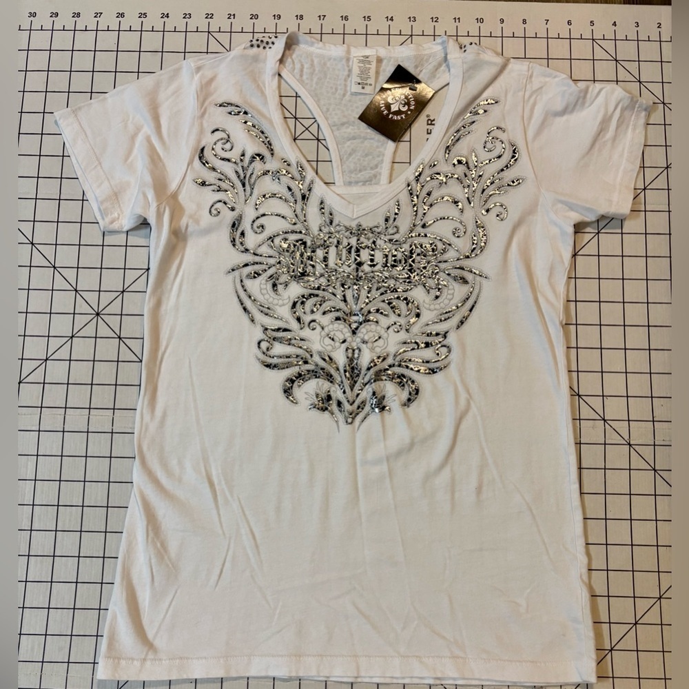 NWT Affliction Women’s‎ Medium White/Silver Annabeth Short Sleeve V-neck Tee